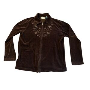 Shenanigans Brown Velour Floral Embroidered Zip Up Jacket Size Small Women‎